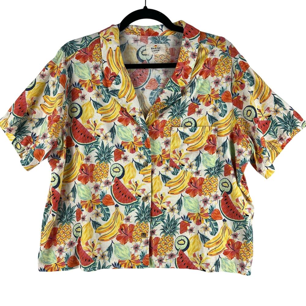 Marine Layer Lucy Resort Shirt Womens XL Hemp Fruit Salad Tropical Floral